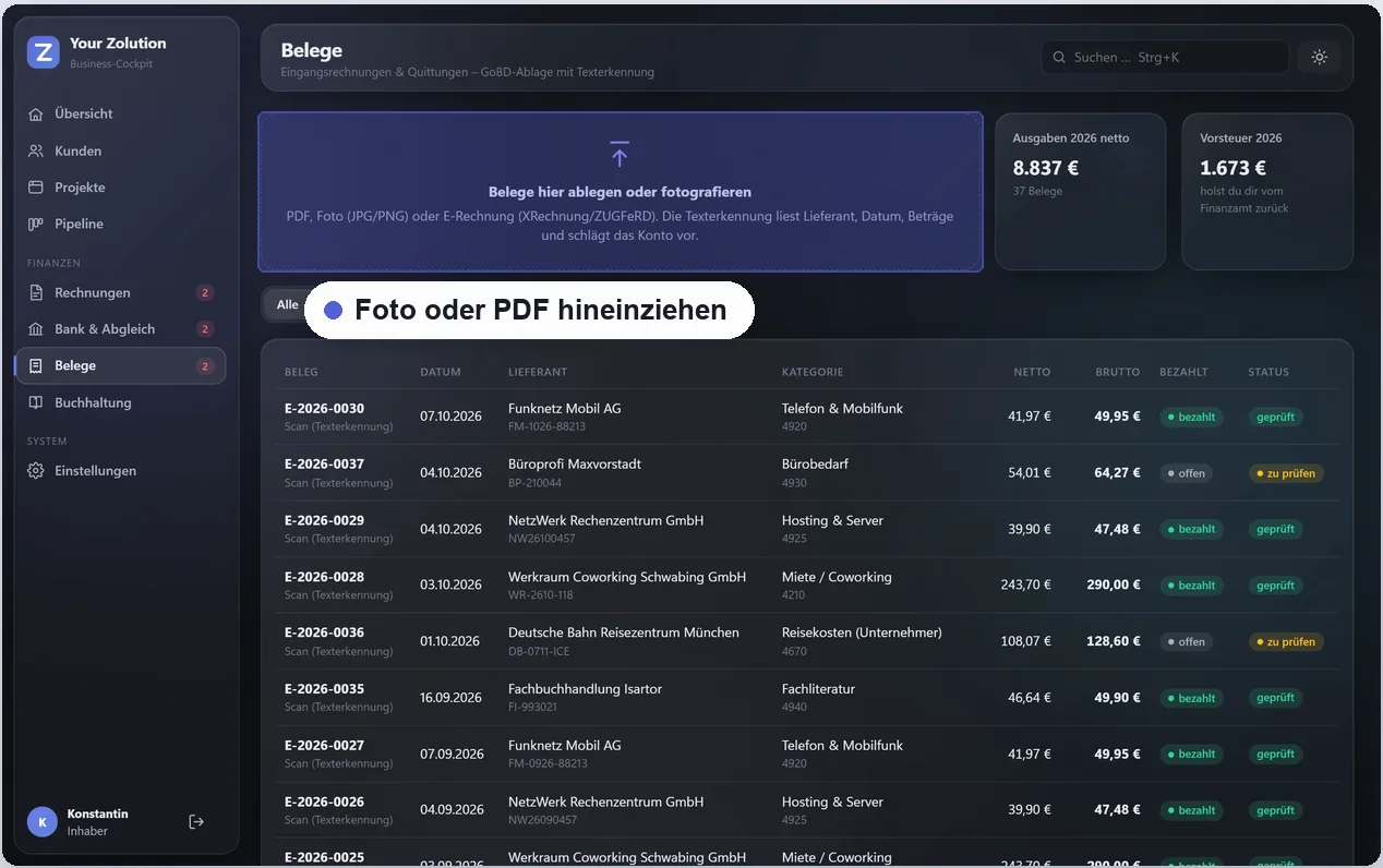 Belege mit Texterkennung und Status